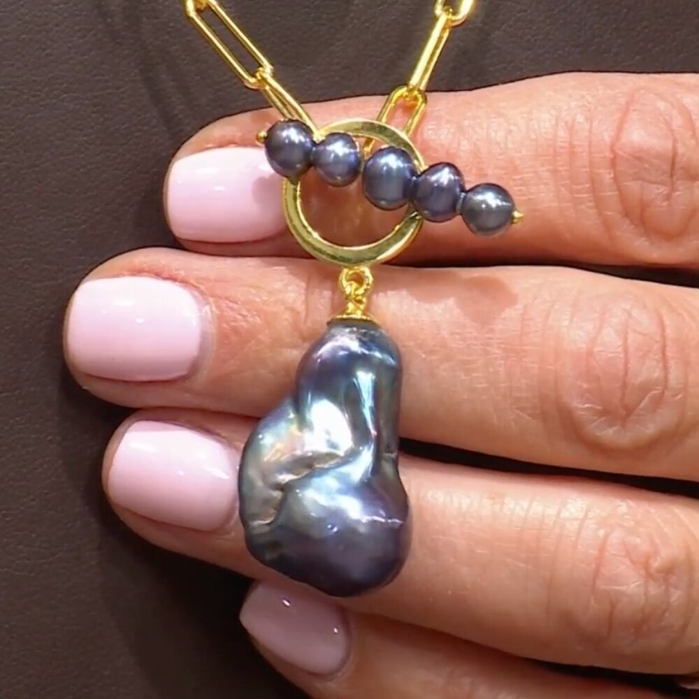 Rarities Carol Brodie 201/4" Gold Plated Pearl Toggle Drop Necklace BLACK nwt - Picture 5 of 14